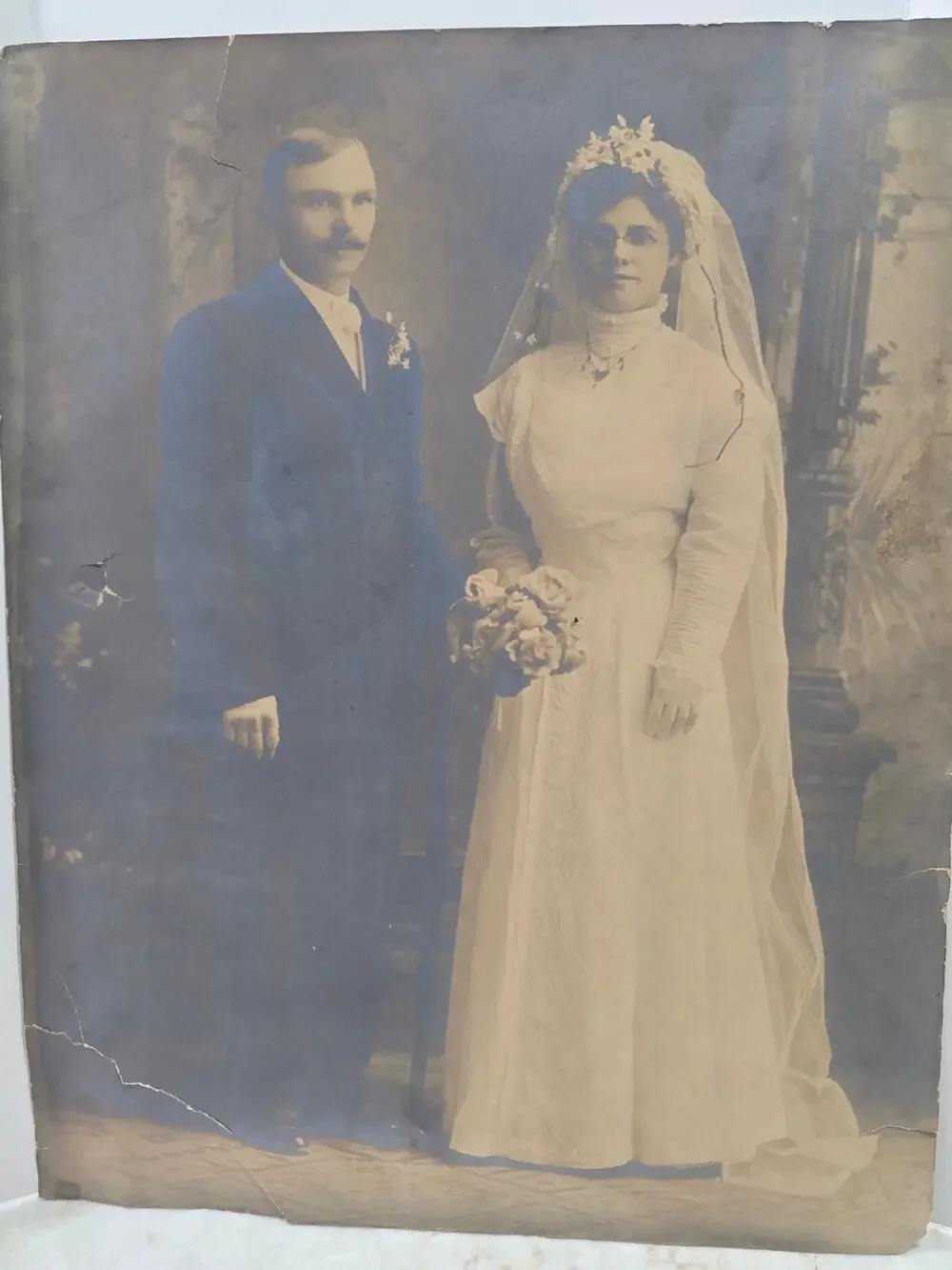 Antique Wedding Portrait Bride Groom Memorabilia 20X16 Black White Blue